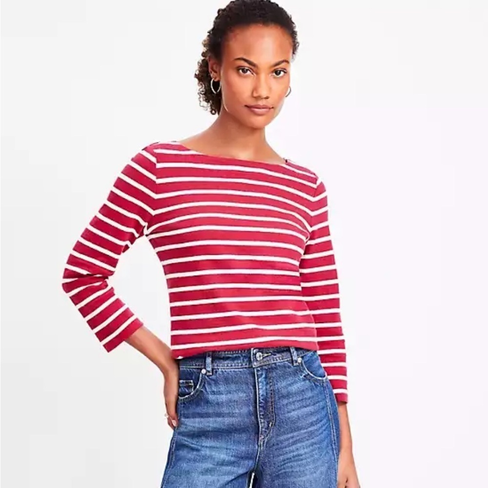 LOFT Red and White Fitted 3/4 Sleeve T-Shirt Size XXL